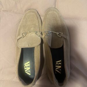 Zara Tan Suede Loafers with Chain Accent